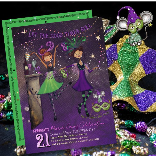 Whimsical Mardi Gras Dancing Girls Green & Purple  Einladung (Whimsical Mardi Gras Dancing Girls Green & Purple Invitation)