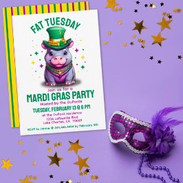 Whimsical Mardi Gras Fat Dienstag Hippo mit Perlen Einladung