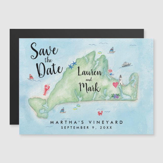 Whimsical Martha's Vineyard Map Save the Date Magneteinladung (Vorne/Hinten)
