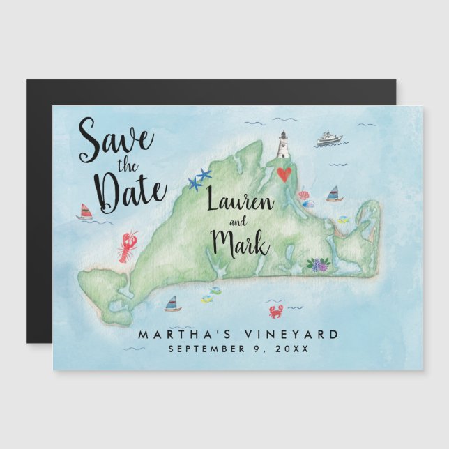 Whimsical Martha's Vineyard Map Save the Date Magneteinladung (Vorne/Hinten)