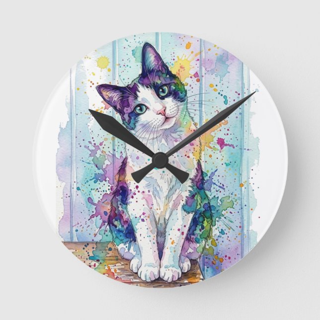 Whimsical Mehrfarbig-Wasserfarben-Anzug-Kätzchen-P Runde Wanduhr (Vorderseite)