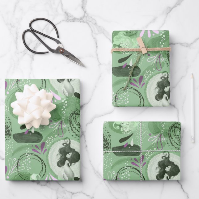 Whimsical Mermaid Green Abstrakt Pattern Geschenkpapier Set (Vorderseite)