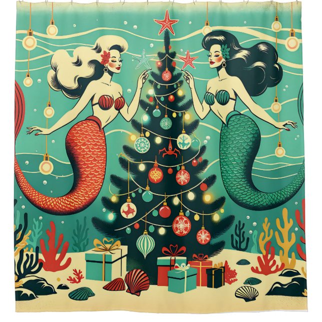 "Whimsical Mermaid Holiday Scene" Duschvorhang (Vorderseite)