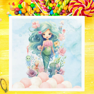 Whimsical Mermaid Pink Blue Birthday Party Napkin Serviette