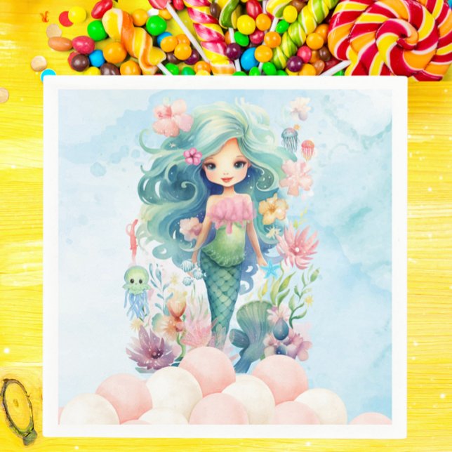 Whimsical Mermaid Pink Blue Birthday Party Napkin Serviette (Whimsical Mermaid Birthday Party Napkin - Pink & Blue Under the Sea Theme - Cute Girl Ocean Party)