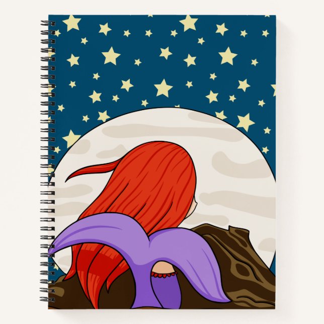 Whimsical Mermaid Staring am Mond Starry Night Notizbuch (Vorderseite)