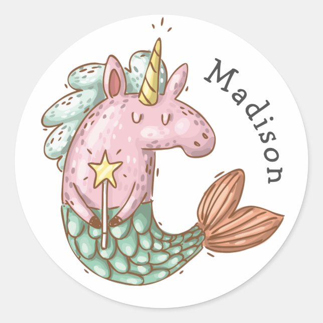 Whimsical Mermaid Unicorn mit Name Runder Aufkleber (Vorderseite)