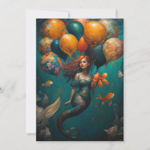 Whimsical Mermaid with Balloon Birthday Einladung