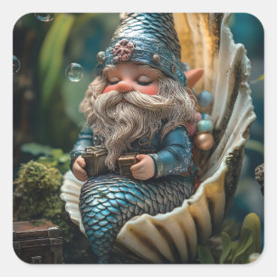 Whimsical Merman Gnome Figurine in Seashell - Unde Quadratischer Aufkleber