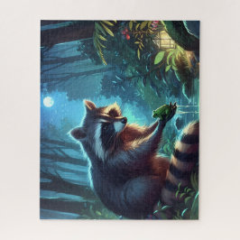 Whimsical Midnight Raccoon and Frog Forest River Puzzle
