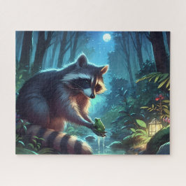 Whimsical Midnight Raccoon and Frog Forest River Puzzle
