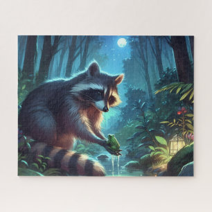 Whimsical Midnight Raccoon and Frog Forest River Puzzle