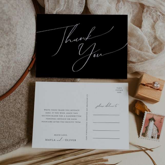 Whimsical Minimal Script | Black Wedding Vielen Da Postkarte (Von Creator hochgeladen)