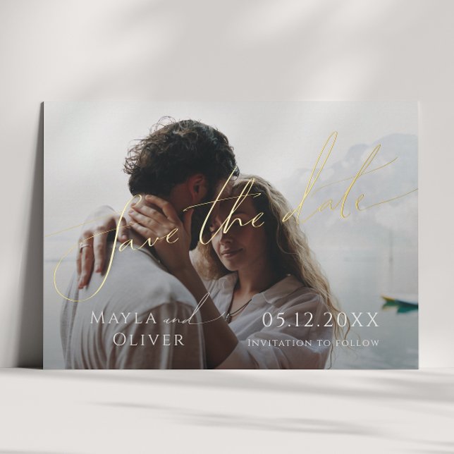 Whimsical Minimal Script Foto Save the Date Foil Folieneinladung (Von Creator hochgeladen)