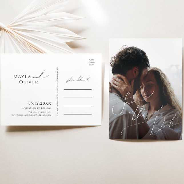 Whimsical Minimal Script Vollständiges Foto Save t Einladungspostkarte (Von Creator hochgeladen)