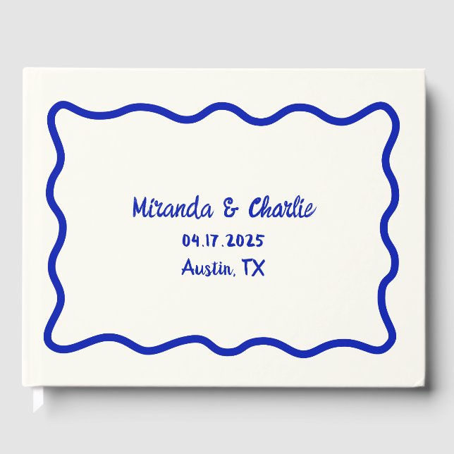 Whimsical Minimal Wavy Border Bold Blue Wedding Gästebuch (Vorderseite)