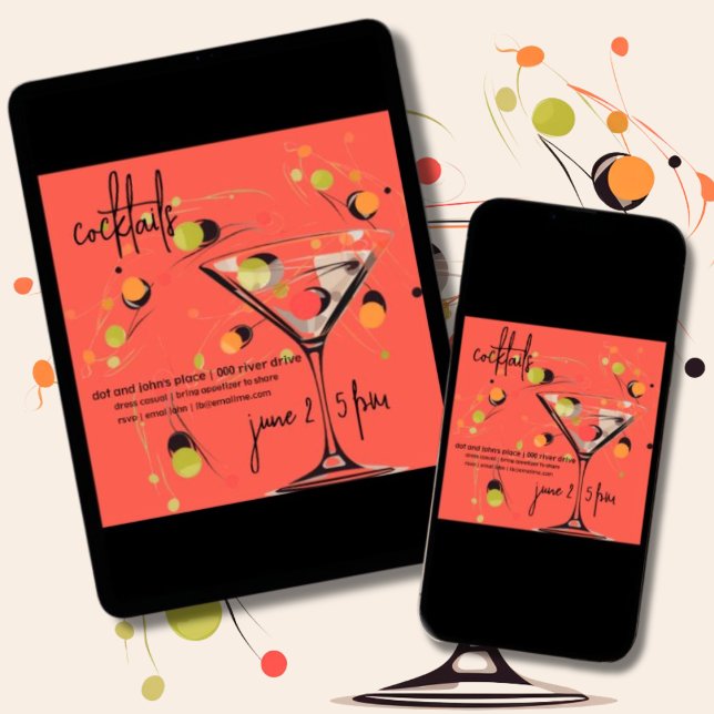 Whimsical Mitte des Jahrhunderts Moderner Cocktail Einladung (Whimsical mid century modern martini and olives customizable house or birthday party invitation.)