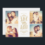 Whimsical Mod 4-Foto Save the Date | Gold<br><div class="desc">Mit dieser 4-Foto-Save the Date-Karte mit fett formatierter Typografie können Sie Ihr Datum stilvoll verkünden. Die Rückseite weist ein Streifen und ein zusätzliches Foto und Text auf.</div>
