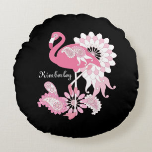 Whimsical Modern Black Pink Flamingo Rundes Kissen