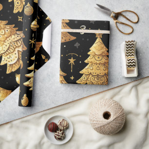 Whimsical Modern Gold Weihnachtsbaumen Geschenkpapier