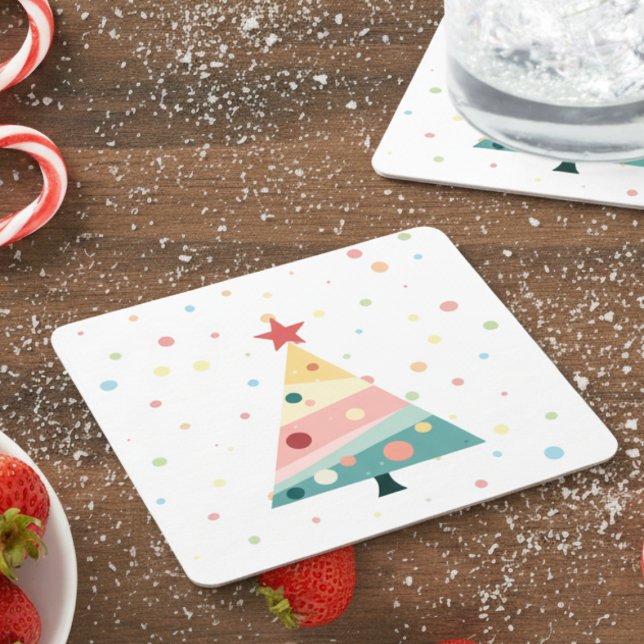 Whimsical Modern Pastel Polka Dot Christmas Getränkeuntersetzer (Pastel color polka dot Christmas tree drink coaster)