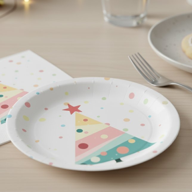 Whimsical Modern Pastel Polka Dot Christmas Pappteller (Pastel color polka dot Christmas tree paper plate)