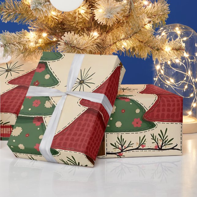 Whimsical Modern Red & Green Christmas Floral  Geschenkpapier (Feiertage)