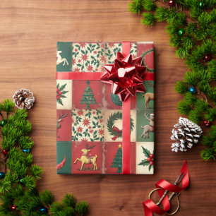 Whimsical Moderne Rot- und Grün-Weihnachtsblumen Geschenkpapier