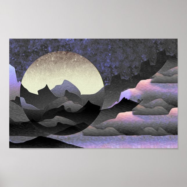 Whimsical Mond und Berge Abstrakte Kunst Poster (Vorne)