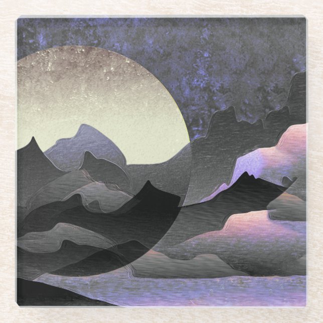 Whimsical Mond- und Bergkunst Glasuntersetzer (Vorderseite)