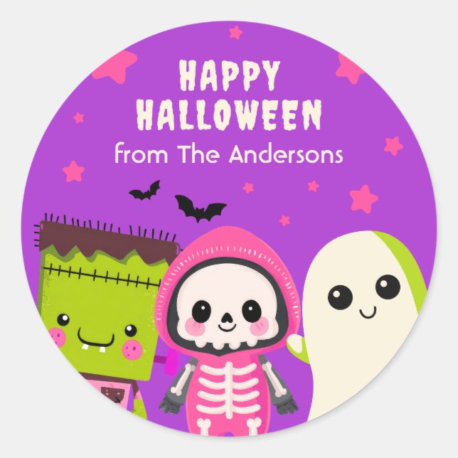 Whimsical Monster Mash Happy Halloween Lila Runder Aufkleber (Vorderseite)