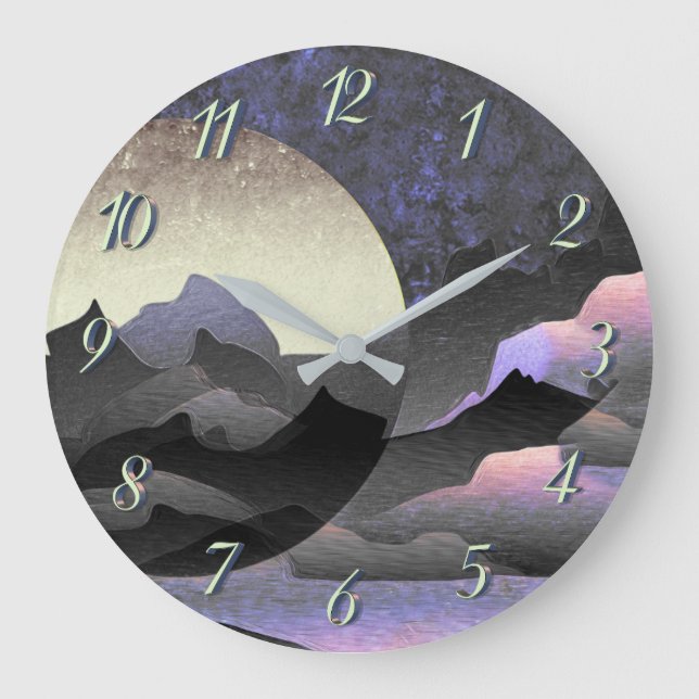 Whimsical Moon and Mountains Abstract Art Große Wanduhr (Vorderseite)