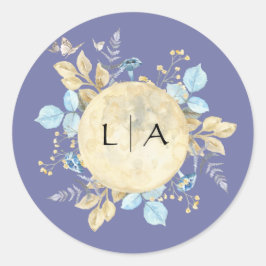 Whimsical Moon Lila Monogram Wedcker Runder Aufkleber