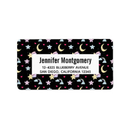 Whimsical Moon, Stars und Wolkenmuster auf schwarz Adressaufkleber