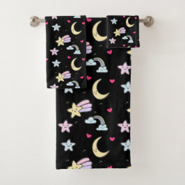 Whimsical Moon, Stars und Wolkenmuster auf schwarz Badhandtuch Set