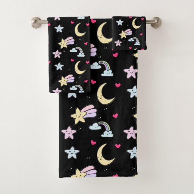 Whimsical Moon, Stars und Wolkenmuster auf schwarz Badhandtuch Set (Insitu)