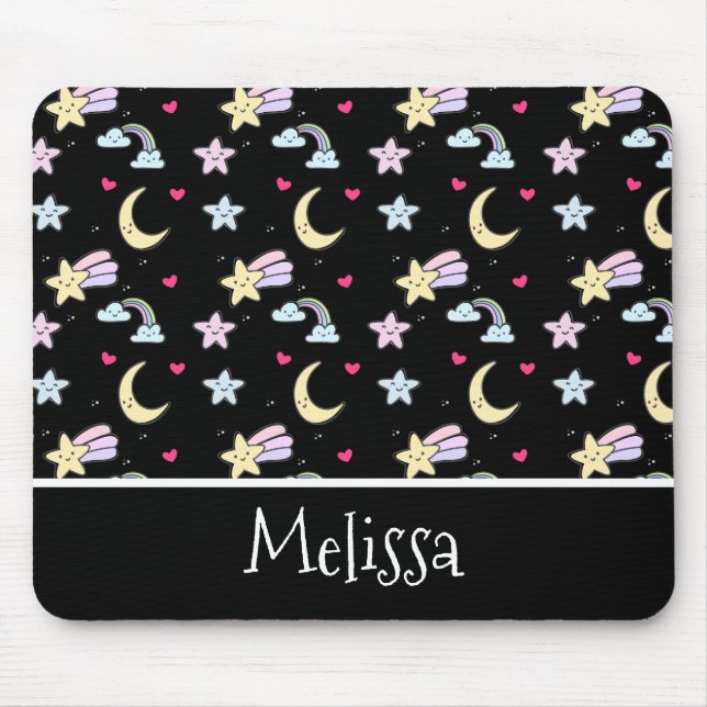 Whimsical Moon, Stars und Wolkenmuster auf schwarz Mousepad (Vorne)