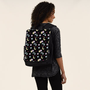Whimsical Moon, Stars und Wolkenmuster auf schwarz Rucksack