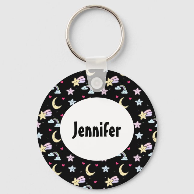 Whimsical Moon, Stars und Wolkenmuster auf schwarz Schlüsselanhänger (Vorderseite)