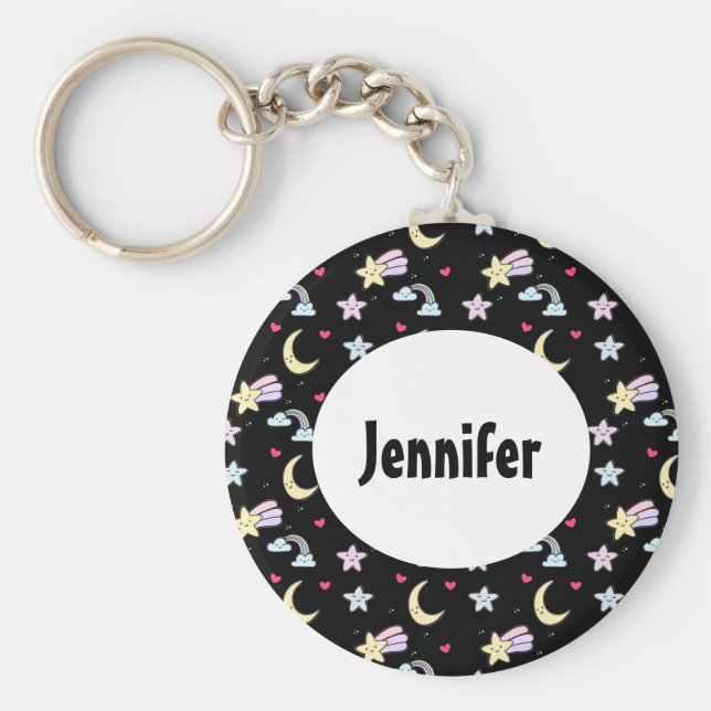Whimsical Moon, Stars und Wolkenmuster auf schwarz Schlüsselanhänger (Vorne)
