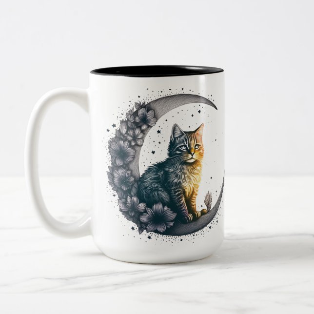 Whimsical Moonlit Cat Art Zweifarbige Tasse (Links)