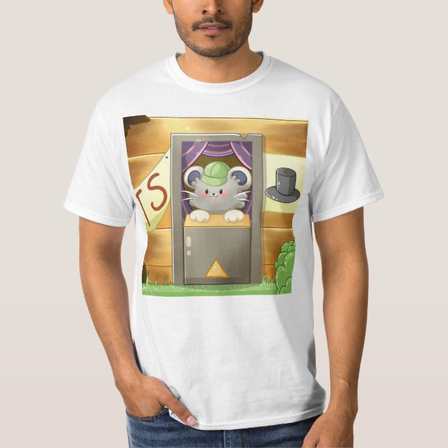 Whimsical Mouse Vendor – Cute Hat Booth Character T-Shirt (Vorderseite)