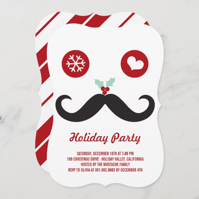 Whimsical Mr Mustache Funny Holiday Party Einladun Einladung (Vorne/Hinten)