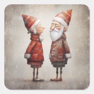 Whimsical Mrs. & Mr. Claus Cartoon Quadratischer Aufkleber