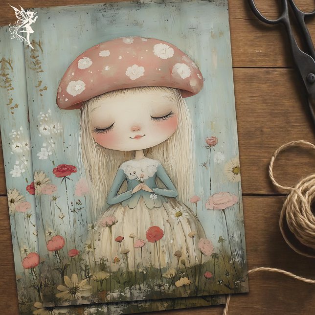 Whimsical Mushroom Faia in einer Blume Wiesen Kuns Seidenpapier (Von Creator hochgeladen)