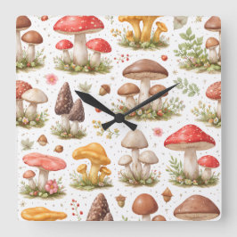 Whimsical Mushroom Pattern – Vintage Botanical  Quadratische Wanduhr