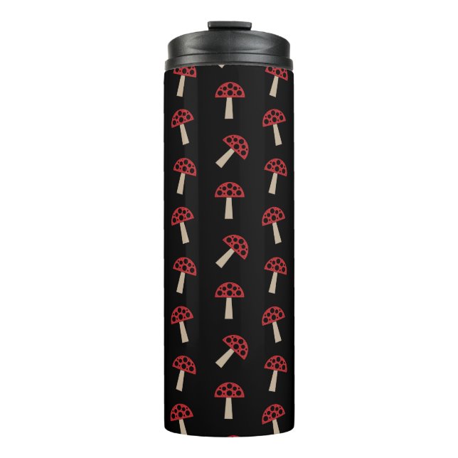 Whimsical Mushrooms Red And Black Pattern Thermosbecher (Vorderseite)