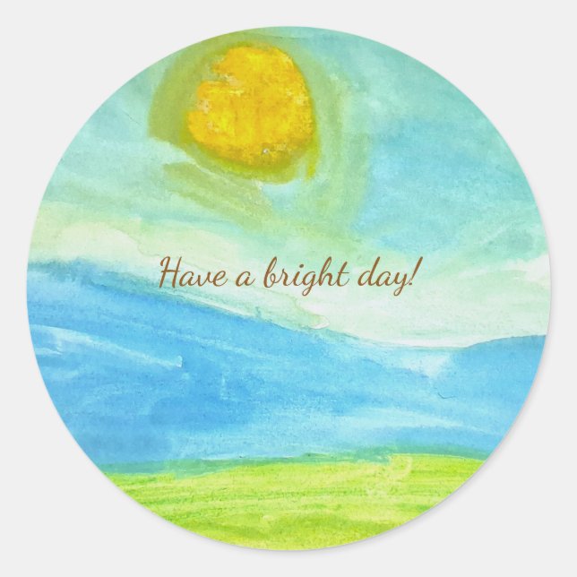 Whimsical Naive Art Sun Landscape Runder Aufkleber (Vorderseite)
