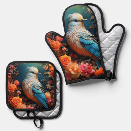 Whimsical Nature Blue Bird Ofenhandschuh & Topflappen-Set