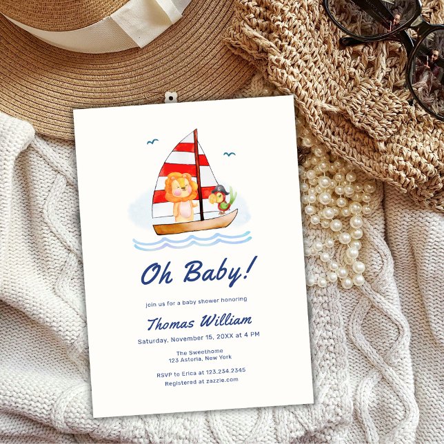 Whimsical Nautical Wild Lion Sailboat Babydusche Einladung (Whimsical Nautical Wild Lion Sailboat Baby Shower Invitation)